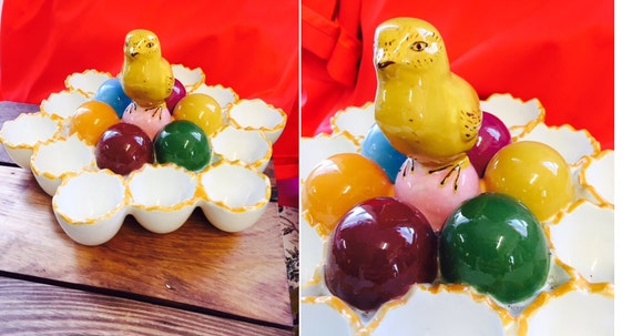 Vintage Easter Egg Hard Boiled Deviled Holder Tray Ceramic Colored Eggs Yellow Chick Dozen Spring Baby Shower Serving Platter Appetizer