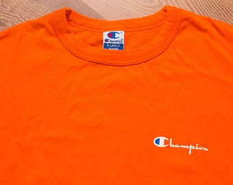 Champion Bright Orange T-shirt, XL Rap Hip Hop Tee, Spell Out Script, Vintage 90s