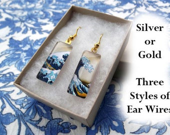 Great Wave earrings, Hokusai earrings, small glass earrings, classic art earrings, Great Wave off Kanagawa