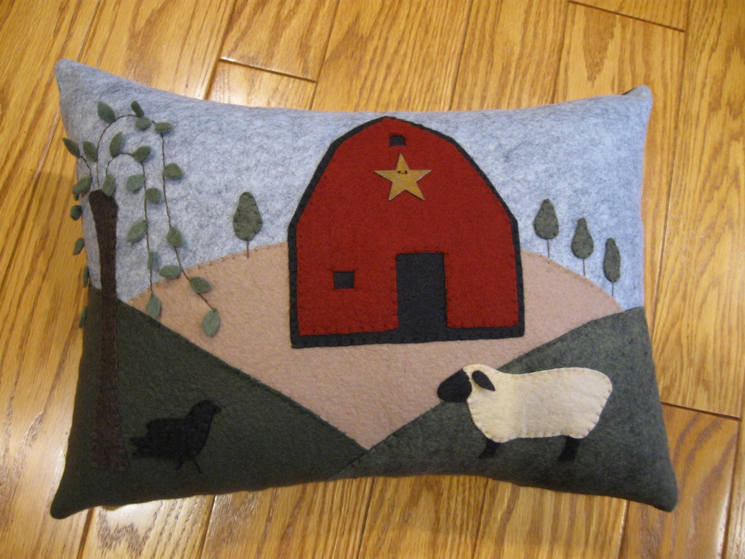 Primitive Wool Applique Pillow....Folk Art Sheep Barn And