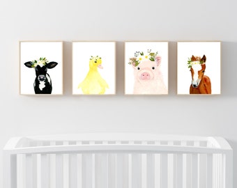 Farm babies set of 4 prints, Animal Paintings,calf, piglet, foal, duckling ,baby shower gift, nursery, Nursery prints, Kids wall art