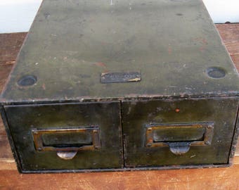 army green steel file cabinet desk top 2 drawers industrial office studio storage mid century