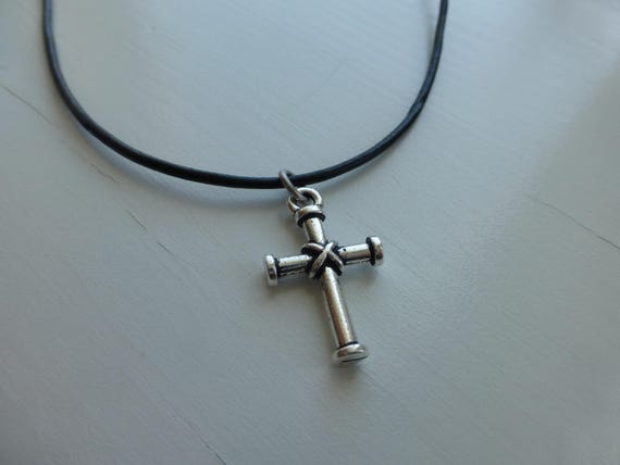 cross silver necklace black leather for him for her teen