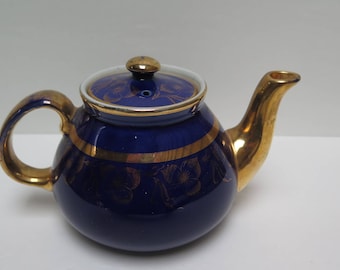 Hall Teapot Cobalt Blue with gold floral trim F-42 - small 2 cup teapot