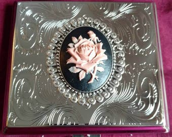 English Rose silver Gothic Steel cigarette case / wallet / card holder in Pink, Cream, White, Blue or Red
