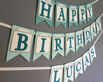 Happy Birthday Banner - Teal Aqua Ombre - Girls Boys Birthday Banner - Purple Banner - Spa Party - Slumber Party