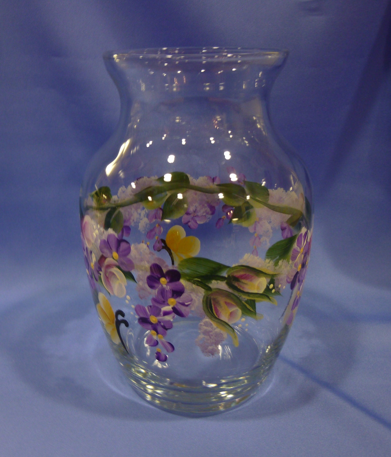 Hand Painted Glass Vase Pink Roses Purple by bunnyhutchdesigns