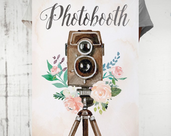Wedding Photobooth Sign in Peaches and Cream Theme, A3 size, Floral Watercolor Vintage Camera Photobooth, Instant Download, Print Your Own