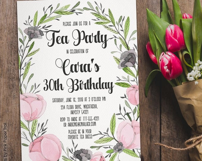 Pink Floral Wreath Birthday Invitation, Tea Party Garden Party Spring Pink Flowers Watercolor Digital Printable Invitation