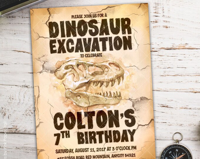 Dinosaur Dig Excavation Birthday Party Printable Invitation, Boy Birthday Party Invitation I Will Customize Print Your Own