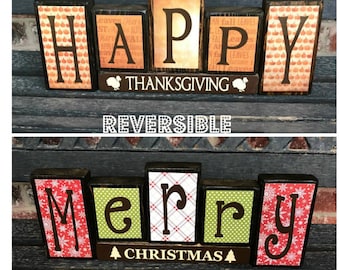 Summer SALE--Reversible Christmas and Thanksgiving wood blocks-(muted)Happy Thanksgiving reverses with Merry Christmas