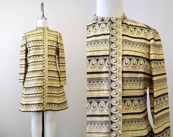 1960s Ceil Chapman Gold and Black Brocade A-Line Dress