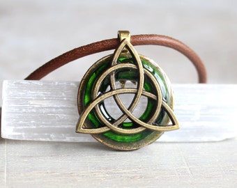 green triquetra necklace, mens necklace, mens jewelry, celtic jewelry, unique gift, irish jewelry, mens gift, celtic necklace, celtic knot