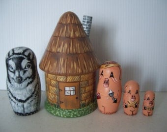 Hand painted Three Little Pigs stacking nesting doll set