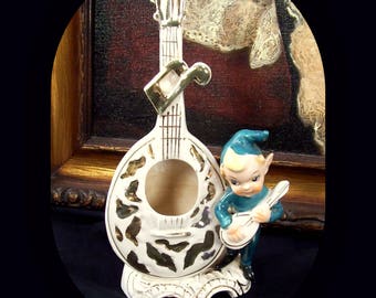 Vintage 1956 Lipper Mann L&M Pixie Elf Lute Mandolin Ceramic Vase Planter White Gold