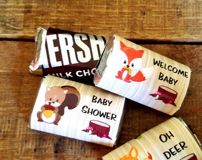 Forest Friends Woodland Theme Animals Baby Shower Party Favors Wrappers -no stickers - Fox Deer Squirrel Mini Chocolate Candy Bar Wraps