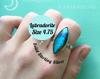 Gemstone Blue Labradorite Marquise Ring in Solid Sterling Silver Size 4.75 band Bright Blue Flash (exact item shown) made in the USA