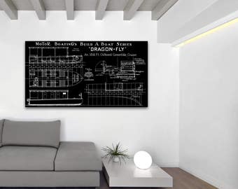 Print of Vintage DRAGON-FLY Boat Blueprint from Motor Boating's Build a Boat Series on Your Choice of Matte Paper, Photo Paper, or Canvas