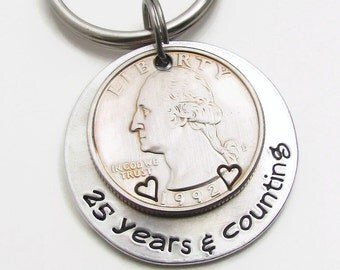 Mens Personalized Anniversary Gift, Personalized KeyChain, Hand Stamped KeyChain, 25 Years & Counting, 25th Anniversary Gift For Men