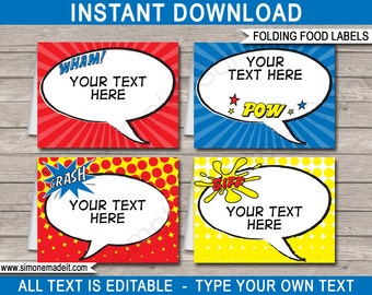 Superhero Food Labels - Buffet Tags - Tent Cards - Party Decorations - INSTANT DOWNLOAD with EDITABLE text - you personalize at home