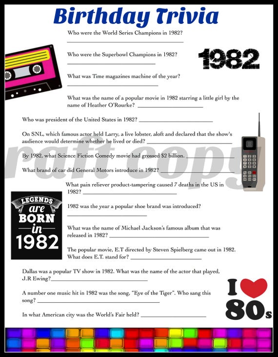 1982 Birthday Trivia Game Birthday Party Trivia 50's