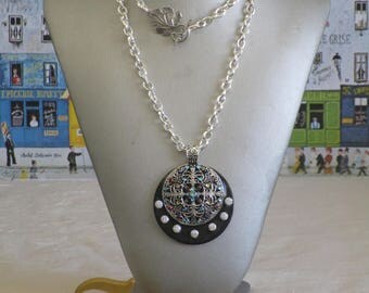 Ravissant collier plastron en bois laqué noir et argent "Romantique"