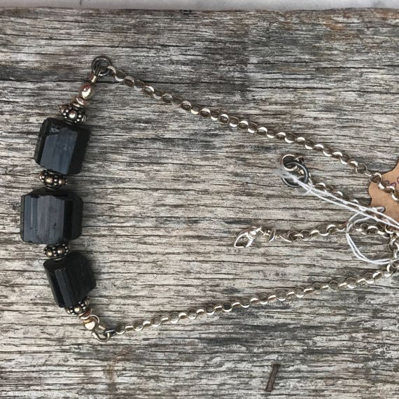 Raw Black Tourmaline Necklace - Diamond cut Rolo Chain - Sterling Silver - Urban Decay Style - Artisan Sundance Jewelry