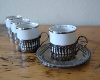 Vintage Veracruz Porcelana Demitasse Cups and Wolff Silver Plated Saucers Made in Brazil Demitasse Cups Saucers from The Eclectic Interior