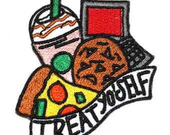 Treat Yo Self Iron On Patch Embroidery Sewing DIY Customise Denim Cotton Cute Parks and Recreation Cookies Starbucks Pizza Netflix