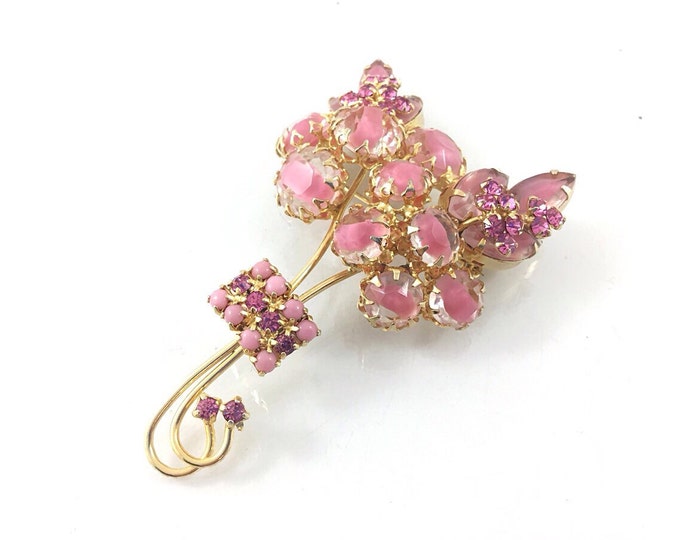 Large Givre Glass Pink Rhinestone Flower Brooch, Pink unsigned designer rhinestone brooch. Hi End Quality Demi Parure, Striped rhinestones.