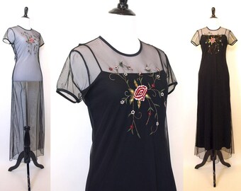 Vintage sheer 90s mesh layered black cheongsam slip see through embroidered maxi dress size small S