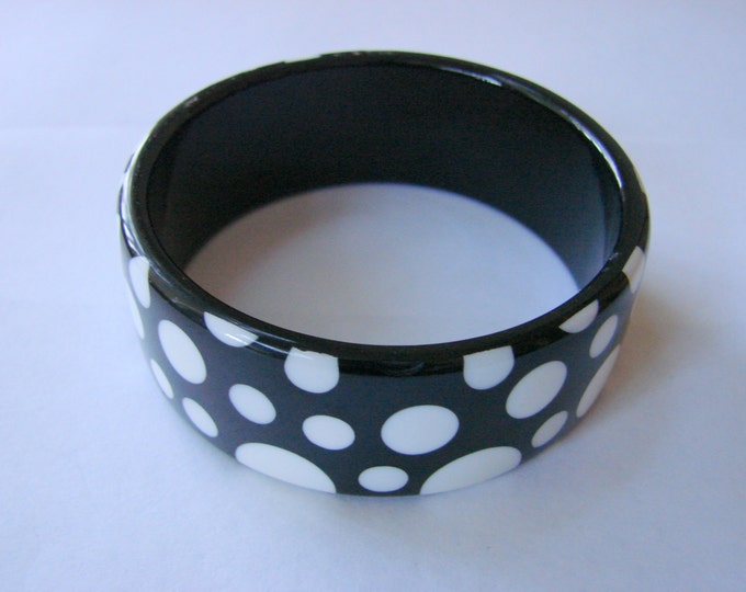 Retro Wide Black & White Polka Dot Bangle Bracelet Modernist Jewelry Jewellery