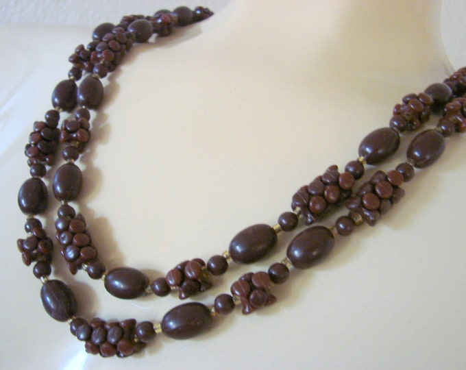 Vintage Retro Flapper Length Brown Lucite Bead Necklace Jewelry Jewellery