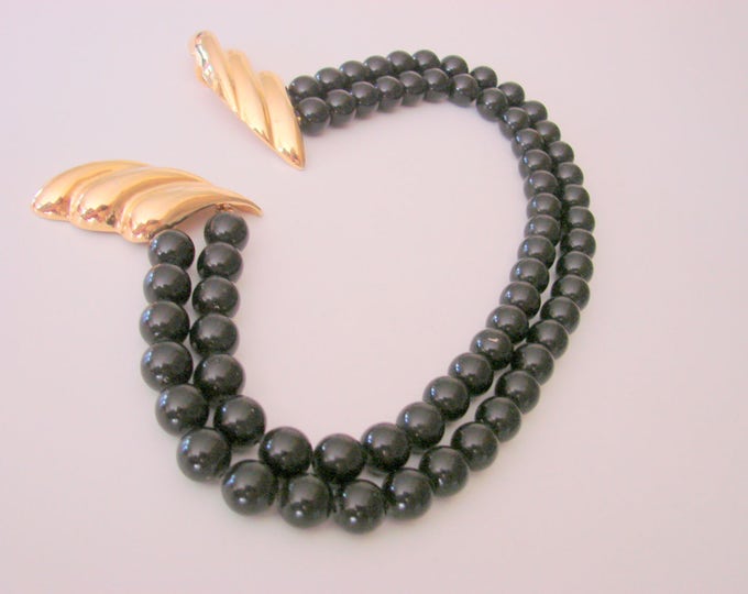 80s Vintage Modernist Black Lucite Bead Goldtone Statement Necklace Retro Modern Runway Jewelry Jewellery