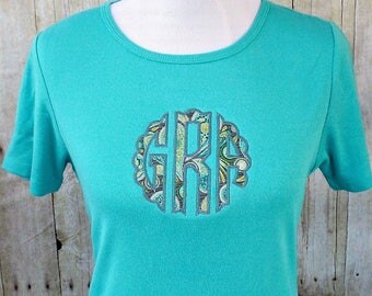 Womens monogrammed shirt, scallop monogram, gray teal green fabric monogram, embroidered monogrammed shirt for ladies