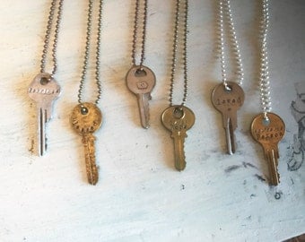 Stamped Key Necklace. SALE. Personalized. Re-purposed keys. Vintage Keys. Vintage Necklace. Engraved Key. Hand Stamped.