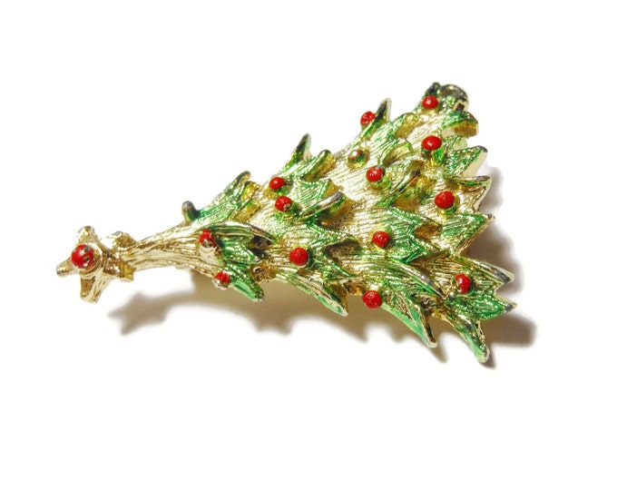FREE SHIPPING Christmas Tree Brooch, green enamel branch tips,red enamel ornaments