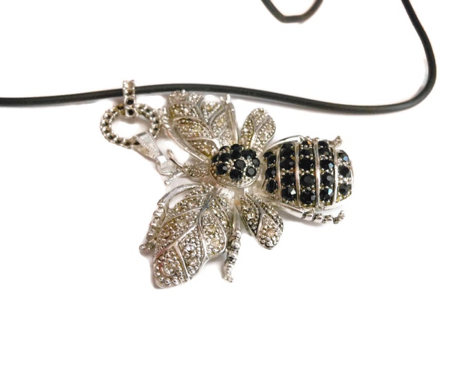 Large bee pendant, silver tone bumble bee, pave encrusted clear and black rhinestones, black cord, fancy connector with black enamel