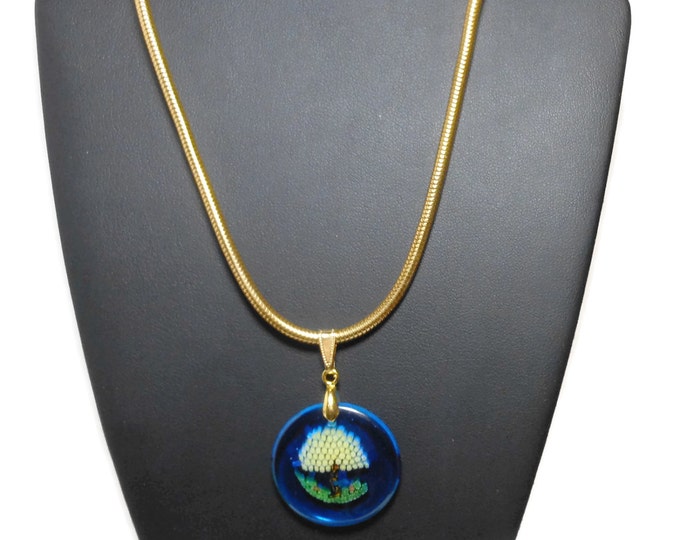 FREE SHIPPING Millefiori glass tree pendant, dark blue disc, with yellow flower leaves, vintage gold plated chain, gold snake chain