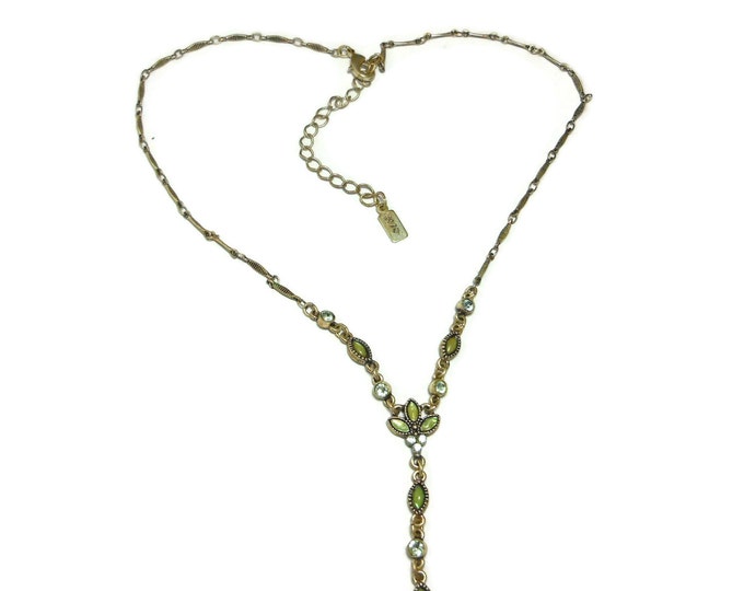 FREE SHIPPING 1928 necklace, green glass navettes, clear rhinestones, Y necklace silver, silver tone chain, signed tag, link chain, extender