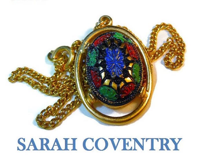 SALE Sarah Coventry pendant with chain, 1968 'Light of the East' Blue Mosaic look pendant with chain