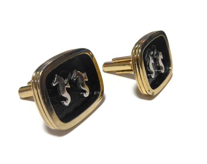 Kreisler Craft Seahorse cuff links, gold with black wave background, mid century great for a destination wedding vintage