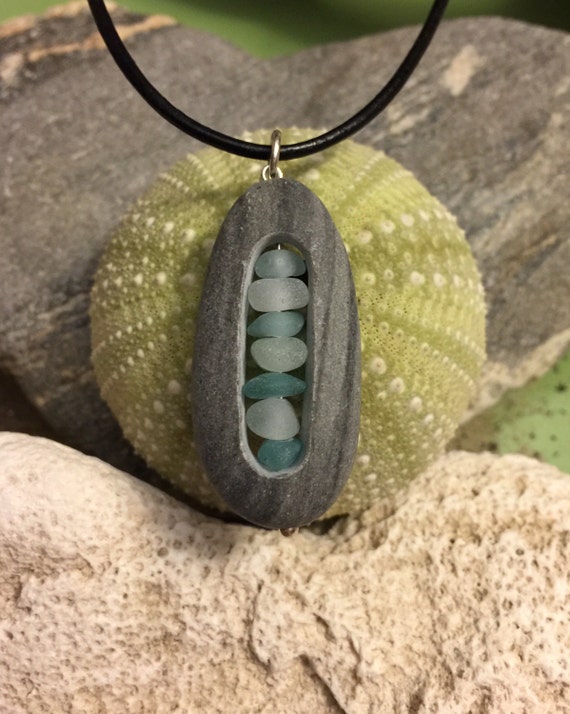 Sea glass jewelry beach stone carved out with white and aqua