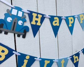 Blue Truck Birthday Banner/ Blue Truck Party/ Garland/ Blue/ Yellow/ 1st Birthday/ Custom Birthday Package/ Little Blue Truck Theme