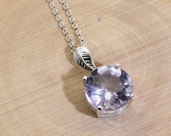 Amethyst ('Rose de France' Amethyst, Natural), 12mm x 5.65 Carat, Round Cut, Sterling Silver Pendant Necklace
