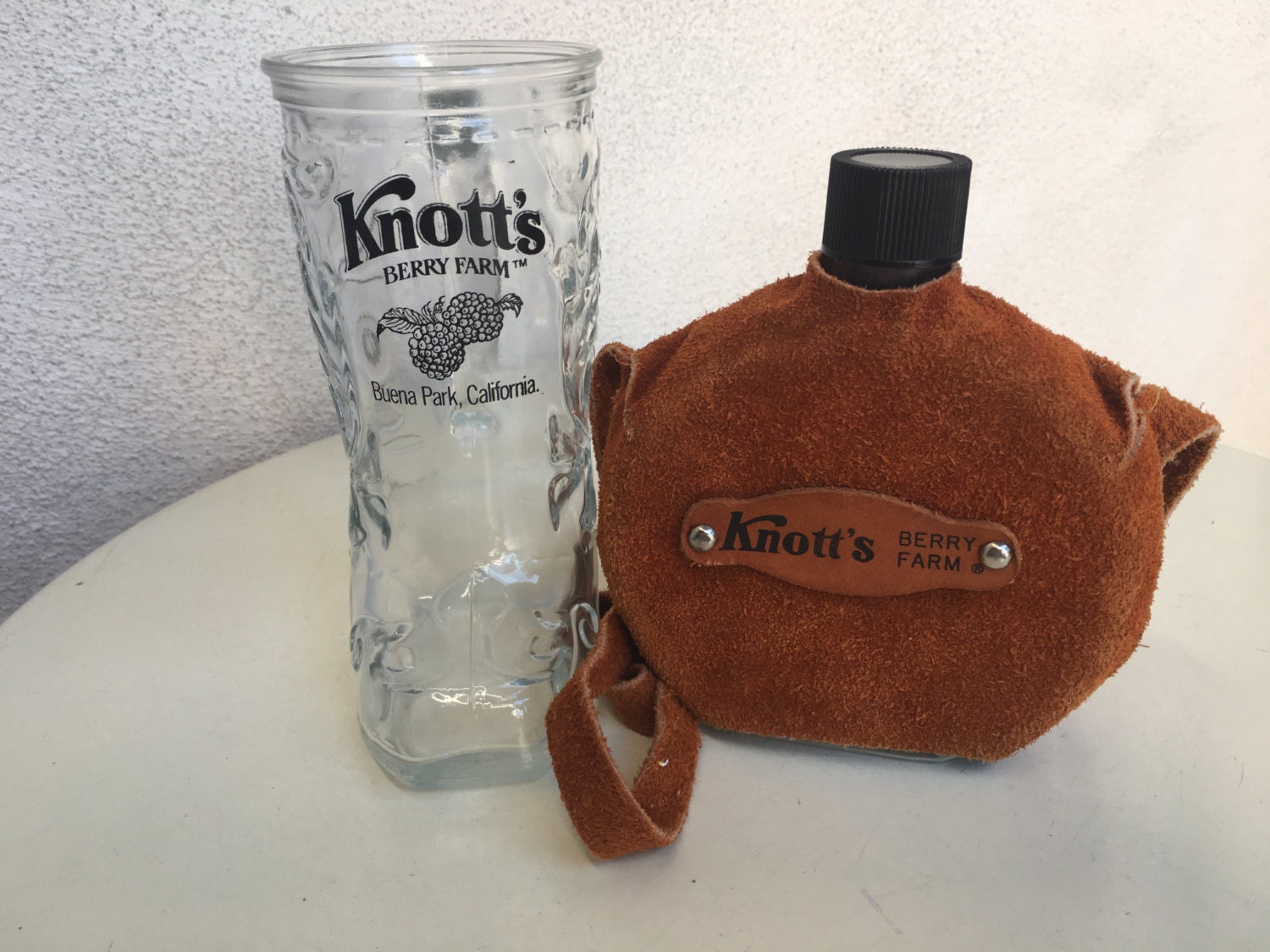 Vintage Knott's Berry Farm glass boot cup and suede