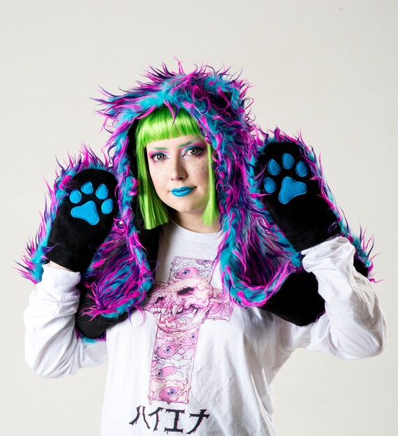 Pawstar KITTY Cat Ears Party Furz Fur Paws at you Hood with Paw Pockets Embroidered Hat warm goth handmade Spirit Animal mens womens 1779