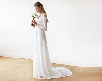 Ivory Off-The-Shoulder Floral Lace Long Sleeve Maxi Dress with a Train 1148
