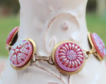 Pink Vintage 1950's Czech glass button bracelet, repurposed jewelry, up-cycled jewelry