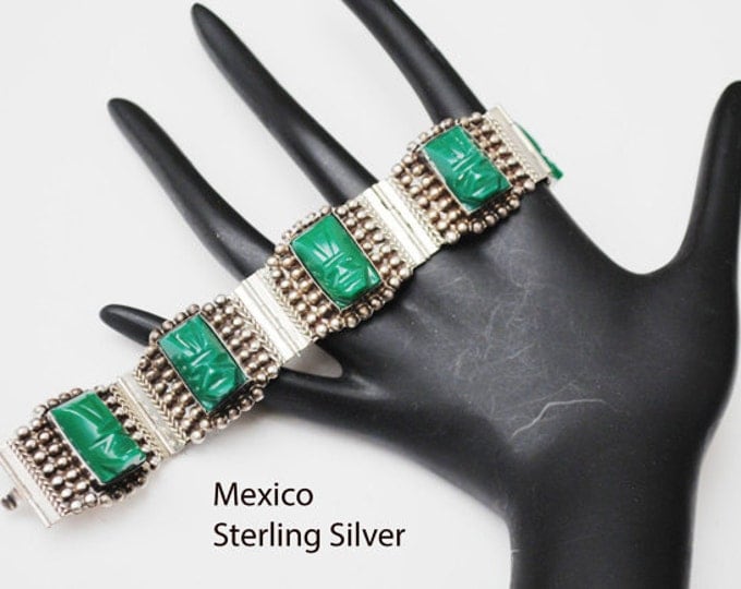 Sterling Mask face link bracelet - carved Green Onyx - Mexico signed - Silver vintage bangle